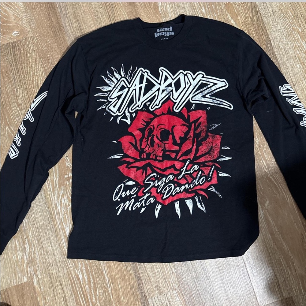 Black Long Sleeve Graphic Tee with Red Rose Sad Boyz design